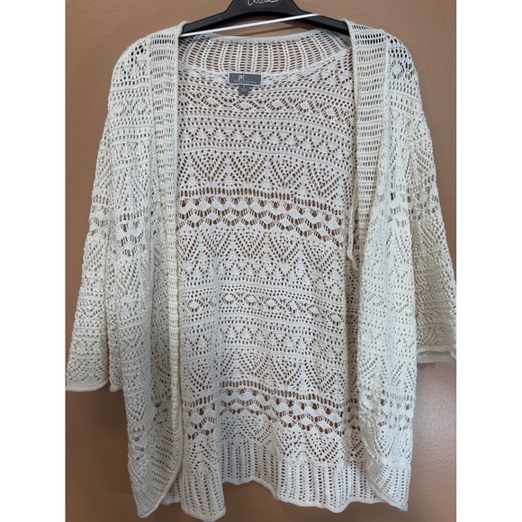JM Collection Sweaters - JM Collection Women Ivory Pointelle Crochet Open Front Cardigan Sweater Large